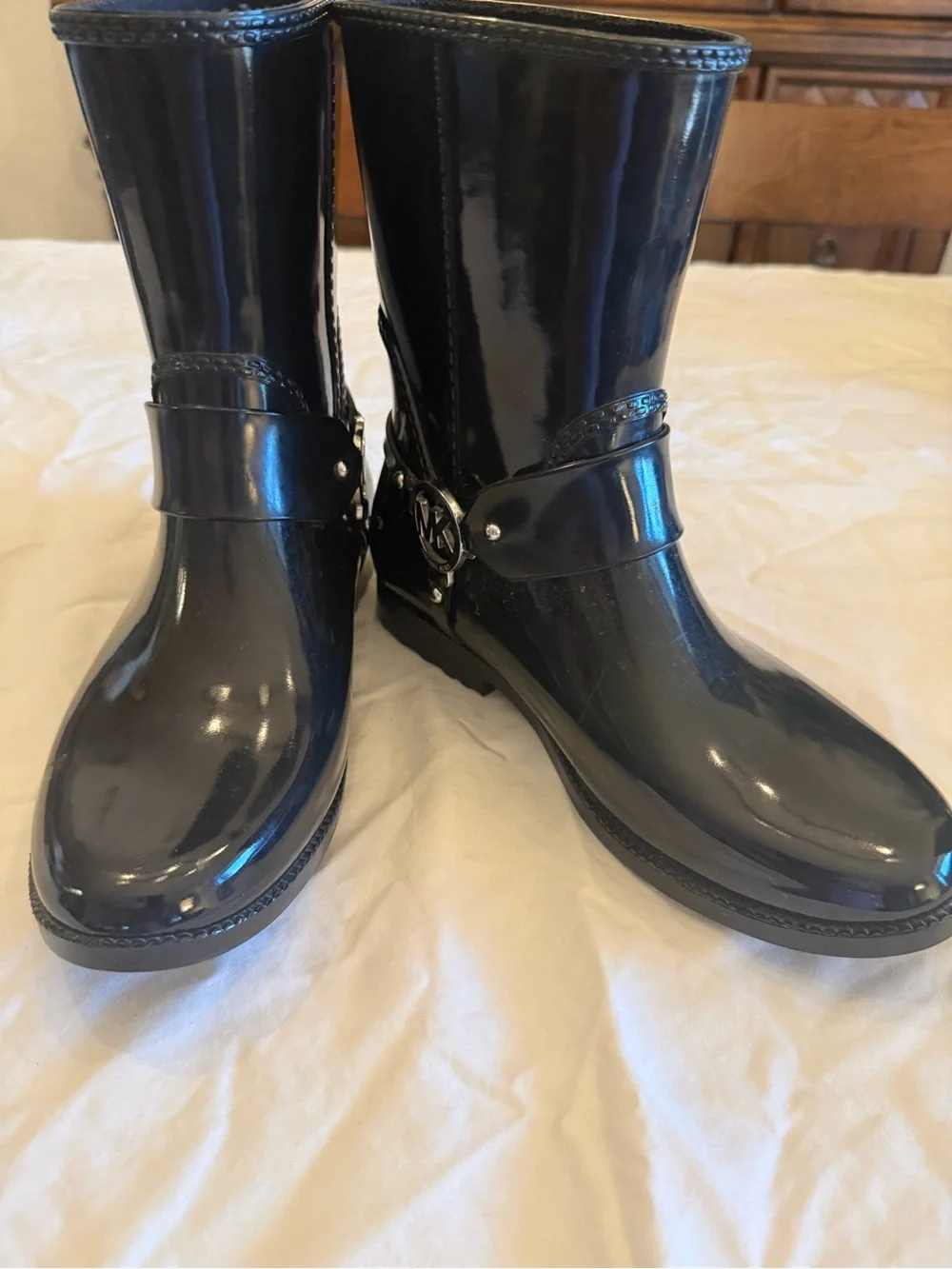 Michael Kors Glossy Black Mid-Calf Rain Boots with MK Detail